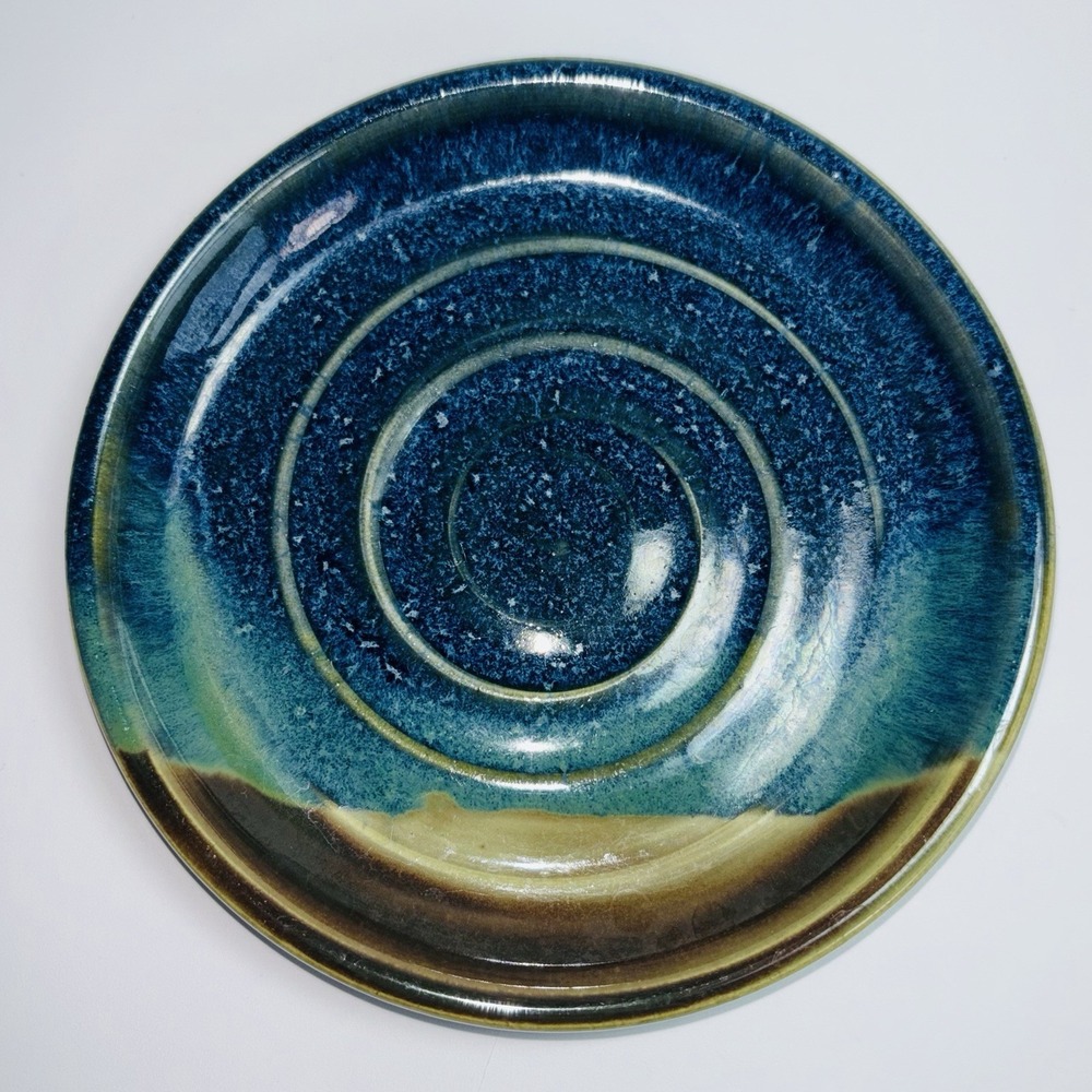 Studio Pottery Trinket Dish Blue Green Tan Swirl Signed A 4 3/4” Saucer Tray